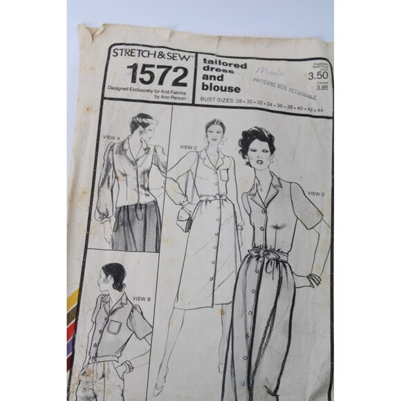 UNCUT Stretch & Sew Pattern 1572 Womens Tailored Dress Blouse Vintage 1979 93738 - Picture 2 of 5